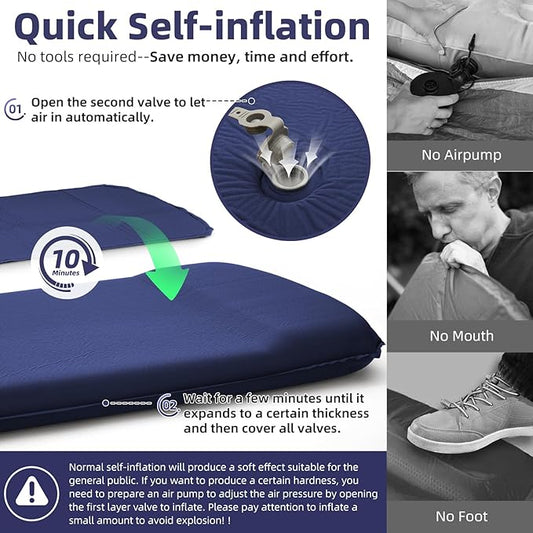 INVOKER 3.15" Camping Sleeping pad, Ultra-Thick Elasticity Foam Fast Self-Inflating 4-Season Insulated Durable Camping Mat Air Mattress with Pillow, for Tent, Car, Camping, Traveling, Blue