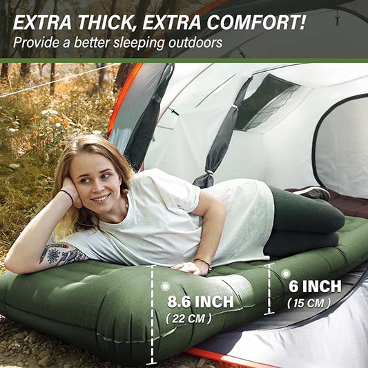 TOBTOS Inflatable Camping Sleeping Pad with Pillow, Thick 6 Inch Ultralight Sleeping Pad with Built-in Pump, Lightweight Sleeping Mat for Camping, Backpacking, Hiking, Tent (Green)