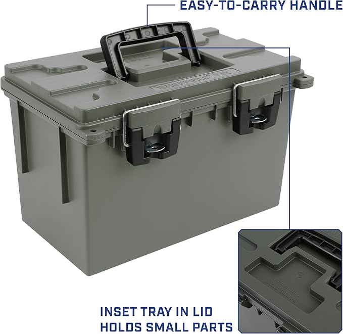 Sheffield 12765 4-Pack XL Ammo Storage Box, Stackable .50 Cal Field Boxes, Water and Dust Resistant, Lockable Storage Box with Handle, Heavy Duty Protection for Hunting Gear, Made in the USA, Green