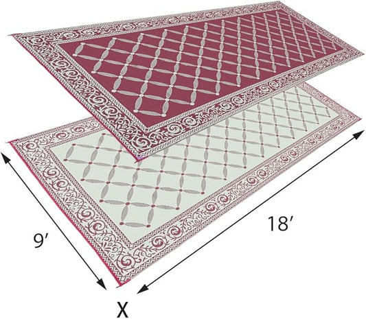 Stylish Camping 119185 9-feet by 18-feet Reversible Mat, Plastic Straw Rug, Large Floor Mat for Outdoors, RV, Patio, Backyard, Picnic, Beach, Camping (Burgundy/Beige)