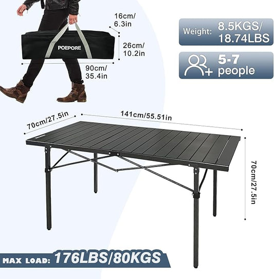 Large Folding Camping Table Aluminum for 5-7 People 55"X27.5" Roll Up Tall Outdoor Portable Table Lightweight with Carry Bag for Picnic BBQ Backyard Beach Black