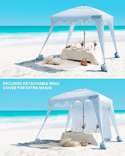 OutdoorMaster Beach Cabana with Fringes, Portable 6' x 6' Beach Canopy for Sand, Easy Set Up Sun Shelter, Included Side Wall, UPF 50+ UV Protection Sun Umbrella - for Family & Friends -Wave Point