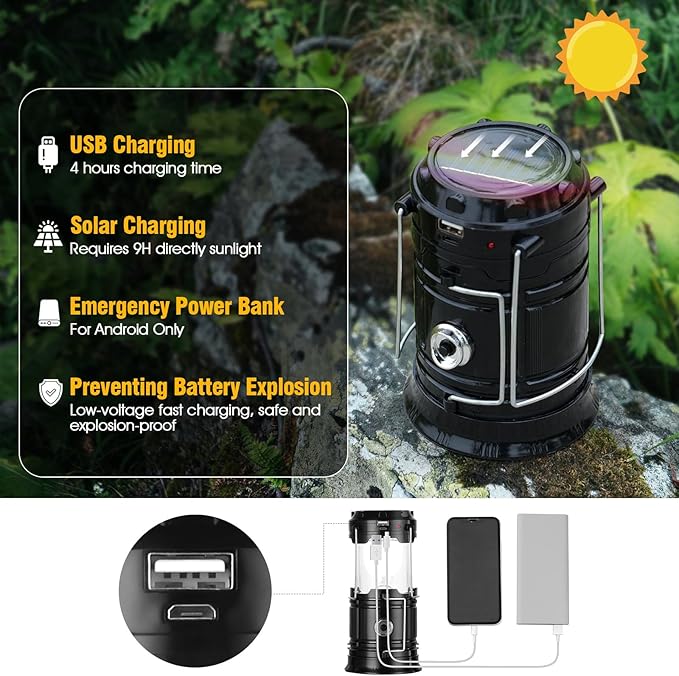 Solar Camping Lantern for Power Outages - USB Rechargeable Lamp Camping Essentials,Collapsible Portable Waterproof Solar Lights for Indoor Outdoor Emergency Light