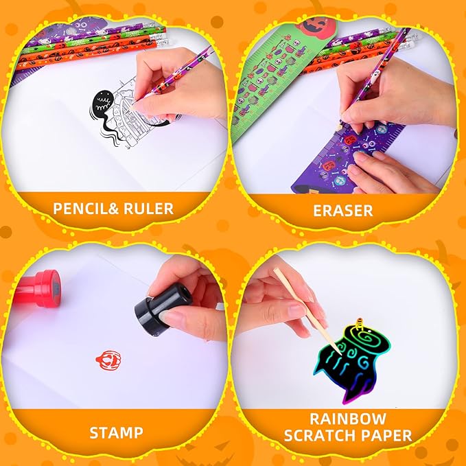 192 Pcs 24 Pack Assorted Halloween Stationery, Party Favors for Kids, Goodie Bags Stuffers Set Including Pencils, Rulers, Stamps and Erasers in Trick or Treat Bags
