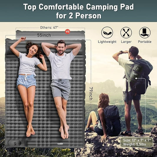 Elegear Double Sleeping Pad for Camping, 4" Ultra-Thick Self Inflating Camping Pad 2 Person with Pillow Built-in Foot Pump Camping Sleeping Mat for Backpacking, Hiking, Portable Camping Pad