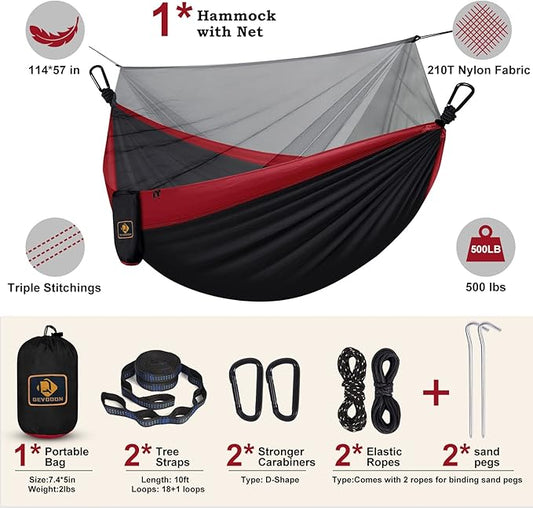 Camping Hammock with Net,Portable Lightweight Double Hammocks with Tree Straps and Solid D-Shape Carabiners,Parachute Nylon Hammock for Backpacking Beach Backyard Patio Hiking Black&Red
