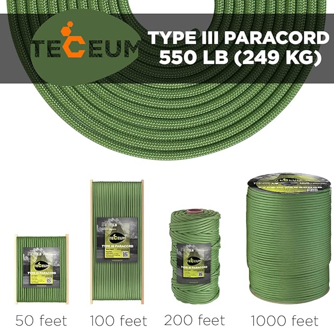 TECEUM Heavy Duty Rope 1000 – 1000ft / 200ft / 100ft / 50ft – 40+ Colors – Utility Rope for Survival & Camping Gear – Nylon String, Camping Rope, para Cord, Utility Nylon Rope, Tent Cord