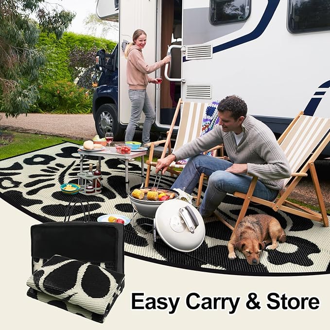 Wonnitar 6x9 Outdoor Rug, Waterproof Plastic Straw RV Outdoor Rugs, Reversible Large Portable RV Camping Rugs, Outsided Abstract Flower Patios Area Rug for Deck Backyard Balcony (Black & White, 6'x9')