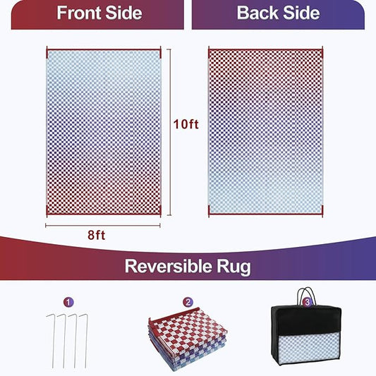 Wonnitar 8x10 Waterproof Outdoor Rug - Blue Purple Ombre Checkered Patio Rugs, Lightweight Reversible Mat for Deck Porch RV Picnic, Large Camping Carpet with Colorful Grid Design