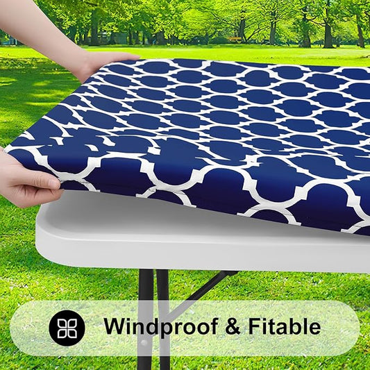 Smiry Rectangle Picnic Table Cover, Waterproof Elastic Fitted Camping Tablecloths for 5 Foot Tables, Wipeable Flannel Backed Vinyl Tablecloth Protector for Indoor, Outdoor (Navy, 30x60 Inches)