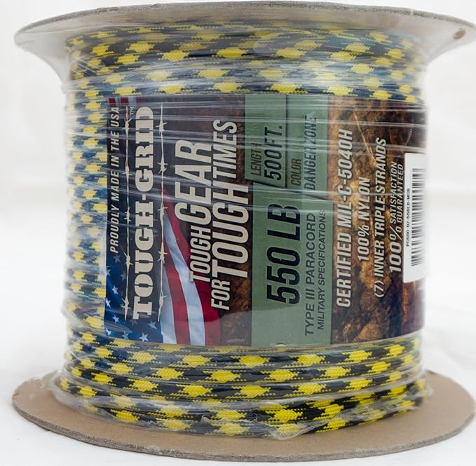 TOUGH-GRID Premium Danger Zone Paracord 550 lbs Made in USA Outdoor Survival Nylon Rope Tactical Heavy Duty Strands Parachute Cord Used by US Military Type III Mil-Spec