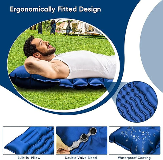 Double Sleeping Pad for Camping, Self Inflating 4" Extra-Thick Camping Mattress Pad 2 Person with Pillow, Built-in Foot Pump, Ultralight Camping Bed Mat for Backpacking Hiking Traveling Tent