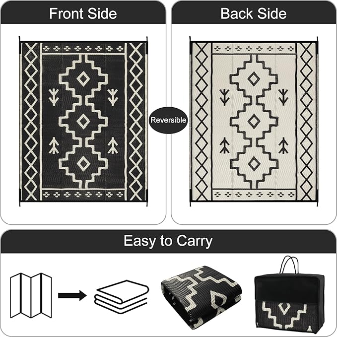 Uphome Outdoor Rugs 8x10 Waterproof, Reversible Black Boho RV Camping Rug, Patio Plastic Straw Outside Rug, Large Foldable Outdoor Mat Carpet for Backyard Deck Pool Balcony Picnic Beach, 8'x10'