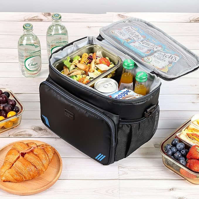 ZEEMO Insulated Lunch Bag for Men Women, Cooler with Adjustable Shoulder Strap, Leakproof Box for Work, Picnic, Black