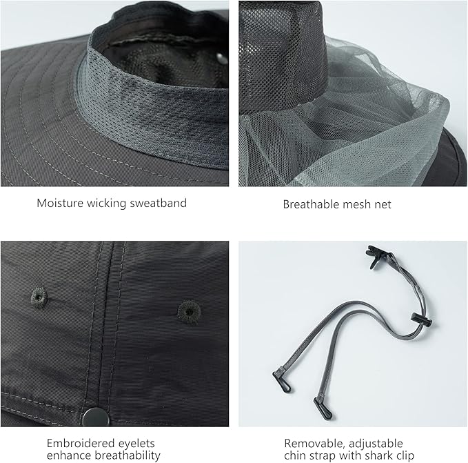 BASSDASH UPF 50+ Mosquito Sun Hat with Hidden Head Net and Neck Flap for Men Women Outdoor Fishing Hiking Camping FH16