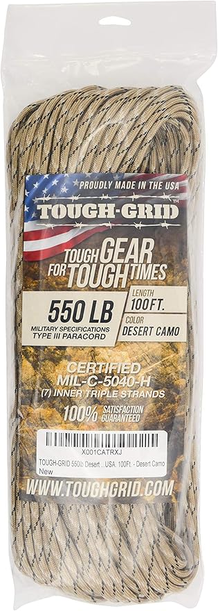 TOUGH-GRID Premium Desert Camo Paracord 550 lbs Made in USA Outdoor Survival Nylon Rope Tactical Heavy Duty Strands Parachute Cord Used by US Military Type III Mil-Spec