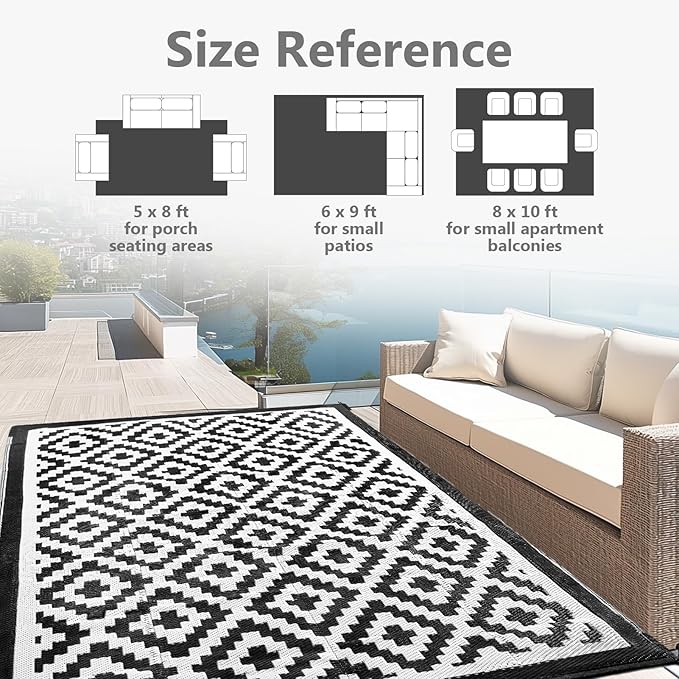 6x9 ft Outdoor Rug Waterproof, Plastic Straw Patio Carpet - UV Resistant Reversible Indoor Outdoor Rugs for Porch, Camping, Poolside, RV, Balcony, Easy to Clean, Black and White