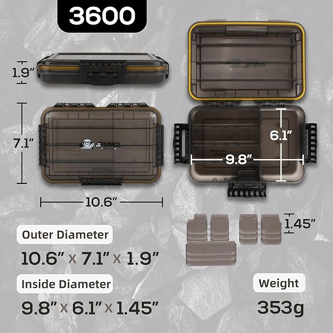 RUNCL Fishing Tackle Box, Unique Sun Protection Waterproof 3600 3700 Tray, Thicker Floating Airtight Stowaway with Adjustable Dividers for Freshwater Saltwater, Plastic Storage Box 1/2Pack