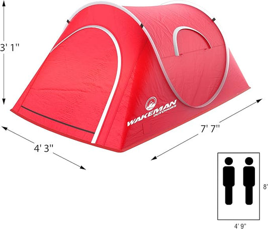 2 Person Pop Up Tent with Dual-Layer Door and Carry Bag - Water-Resistant Tent for Camping, Hiking, or Beach Use by Wakeman Outdoors (Red)