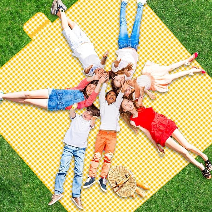 ZHUYNXIR Extra Large Picnic, Waterproof Blanket, Gingham Picnic Mat for Beach, Camping Grass Picnic Blankets. (Yellow 58x58 inch)