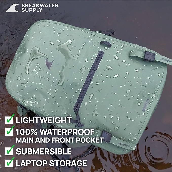 Breakwater Supply™ River Ute Waterproof IP68 Fishing Backpack, Floating TPU Submersible Dry Bag with Padded Hip Belt and Airtight Zippers | 20L (River Ute 20L Marsh Green)