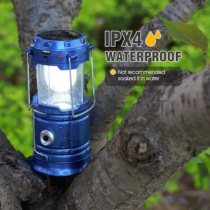 Solar Camping Lantern for Power Outages - USB Rechargeable Lamp Camping Essentials,Collapsible Portable Waterproof Solar Lights for Indoor Outdoor Emergency Light/Blue