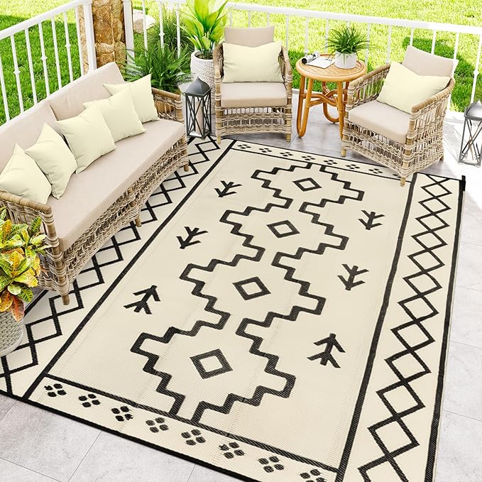 Uphome Outdoor Rugs 8x10 Waterproof, Reversible Tan Boho RV Camping Rug, Patio Plastic Straw Outside Rug, Large Foldable Outdoor Mat Carpet for Backyard Deck Pool Balcony Picnic Beach, 8'x10'