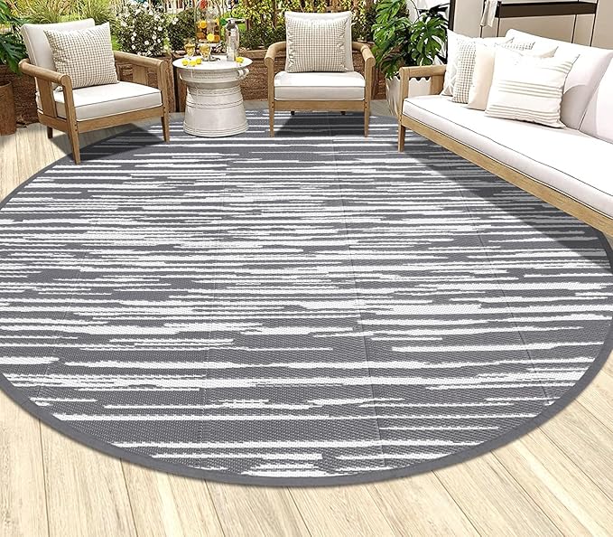 HEBE Round Outdoor Rug 8' Waterproof for Patios Clearance, Reversible Plastic Straw Rug Camping Carpet, Indoor Outdoor Area Rugs Patio Mats for RV,Picnic,Backyard,Deck,Balcony,Porch