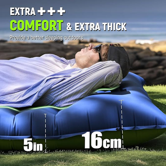 Sleeping Pad for Camping, 5 Inch Extra Thick Camping Sleeping Pad with Pillow Built-in Foot Pump, Lightweight Inflatable Sleeping Mat, Backpacking, Hiking, Tent