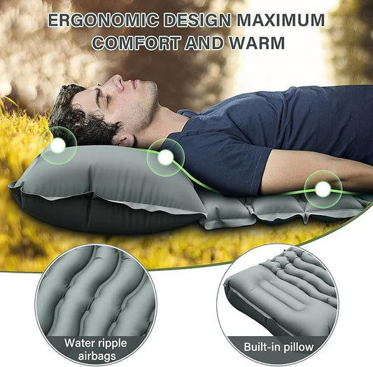 Camping Sleeping Pad, Ultralight Camping Mat with Pillow Built-in Foot Pump Inflatable Sleeping Pads Compact for Camping Backpacking Hiking Traveling - Gray