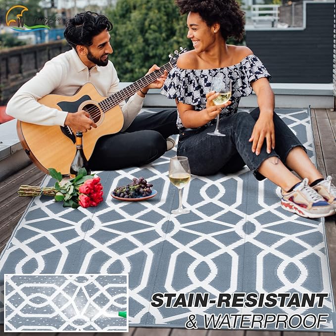 wikiwiki Outdoor Rug, 5x8ft Waterproof Reversible Mat Indoor Outdoor Rugs Carpet, Small Area Rug Plastic Straw Rug for Patio Deck Balcony Pool RV Camping Beach Picnic, Grey, Rugscape Series