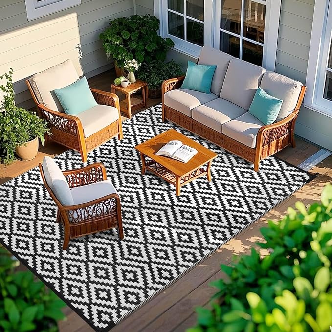 Outdoor Patio Plastic Straw Rug - 6'x9' Outdoor Camping Rug Waterproof Reversible, Area Carpet Patios Clearance RV, Outside Porch Balcony Deck for Camper, Black & White