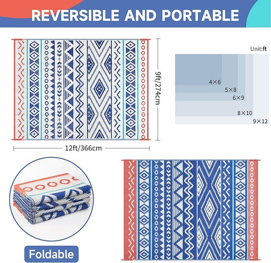 Outdoor Rugs Patio Camping Waterproof - 9x12 Plastic Straw Patio Rug Portable for Campers, Outside RVs Mat, Outdoor Area Carpet for Patios Clearance, Backyard Porch, Balcony, Picnic