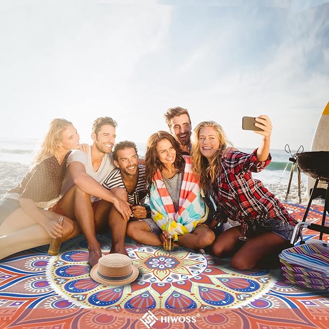 Beach Blanket Waterproof Sandproof Oversized 95”x 80”,Sand Free Beach Mat with Corner Pockets,Portable Mesh Bag for Beach Festival,Picnic,Travel and Outdoor Camping (SunsetOrange Blue)