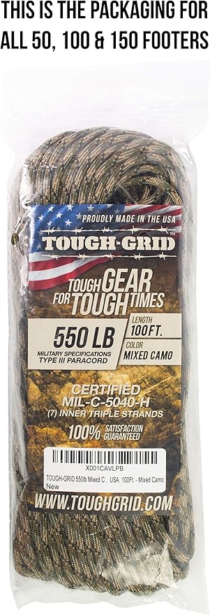 TOUGH-GRID Premium Mixed Camo Paracord 550 lbs Made in USA Outdoor Survival Nylon Rope Tactical Heavy Duty Strands Parachute Cord Used by US Military Type III Mil-Spec