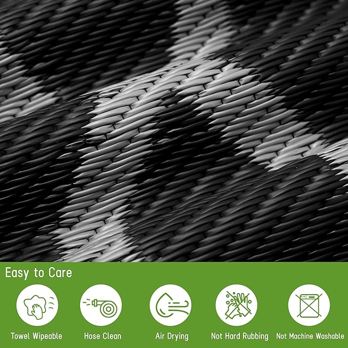 Easy-Going Reversible Outdoor Rugs 6x9ft Waterproof Plastic Straw Rug Stain & UV Resistant Floor Mat for Patio Porch RV Backyard Pool Deck Picnic Beach Trailer Camping (Moroccan Black & Light Grey)