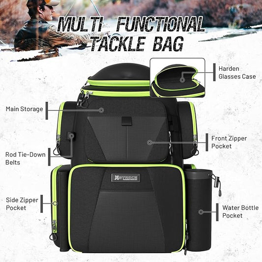 48L Large Fishing Tackle Backpack With Rod Holders, 4 Tackle Box, Protective Rain Cover - Water Resistant Storage Bag for Camping, Hiking, Hunting