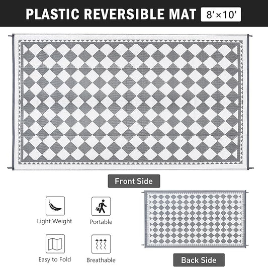 Outdoor Waterproof Rug 8'x10' Plastic Straw Rugs Washable Reversible Floor Mat Grey Plaid Carpet for Camping RV Deck Entryance Porch Picnic Balcony Beach Backyard