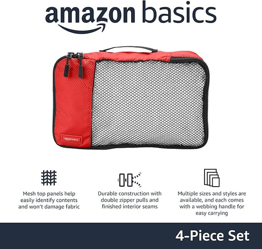 Amazon Basics Small Packing Cubes for Travel, Packing Organizers, 4-Piece-Set With Double Zipper Pulls and Mesh Top Panel, 100% Durable Polyester, Red, 11"L x 6.8"W x 3"H