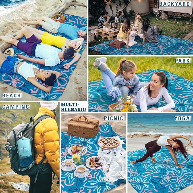 Beach Blanket Sandproof Waterproof 78''ร81''1-5 Adults Oversized,Compact Lightweight Durable Beach Mat for Travel Camping Hiking Picnic Blanket