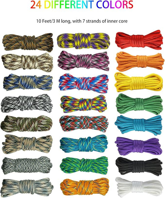 24 Colors 10 Feet Paracord Cord Multifunction Paracord Ropes 550lb Survival Paracord Random Combo Crafting Kit, for Making Lanyard, Bracelet, Dog Collar, Idea for Gift