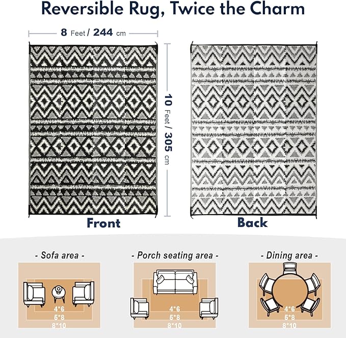 Waterproof Outdoor Rug 8x10 ft, Reversible Plastic Straw Rug, Easy to Clean Patio Rug, Portable Carpet for Patio, RV, Deck, Balcony, Backyard, Picnic, Beach, Geometric Diamond, Gray