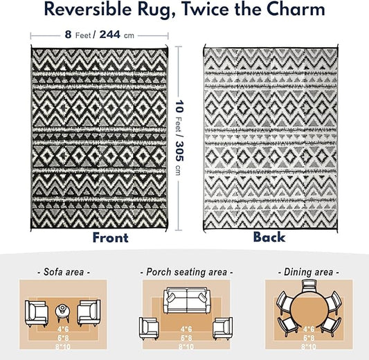 Waterproof Outdoor Rug 8x10 ft, Reversible Plastic Straw Rug, Easy to Clean Patio Rug, Portable Carpet for Patio, RV, Deck, Balcony, Backyard, Picnic, Beach, Geometric Diamond, Gray