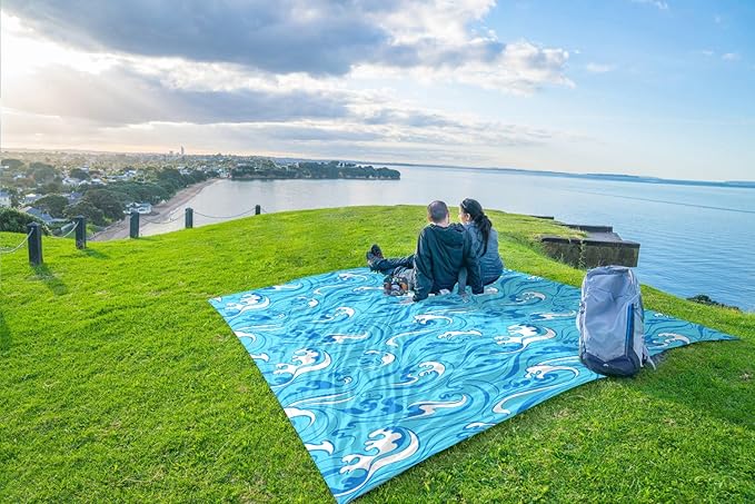 WEKAPO Beach Blanket Waterproof Sandproof Oversized Extra Large Sand Free Beach Mat with Stakes, Storage Bag - Essentials for Outdoor Beach, Picnic (Blue Ocean Waves, 8 X 7 FT (1~4 Person))