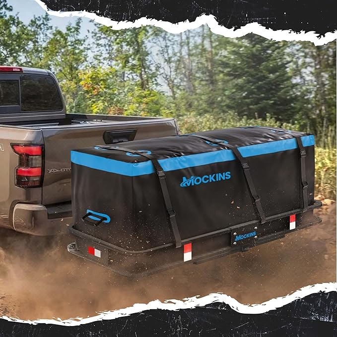 Mockins 60"x20"x6" Trailer Hitch Cargo Carrier w/16 CuFt Soft Vinyl Waterproof Cargo Bag & 4 Packing Cubes | 500 Lbs. Capacity Folding Luggage Rack for SUV/Car & Waterproof Truck Bed Storage Bag Set