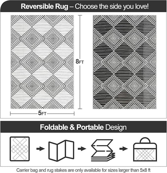 Waterproof Outdoor Rug 5x8ft, Foldable Reversible Plastic Straw Mat for Patio RV Deck Porch Backyard Balcony Camping Picnic Beach Indoor Outdoor Carpet, Black&White