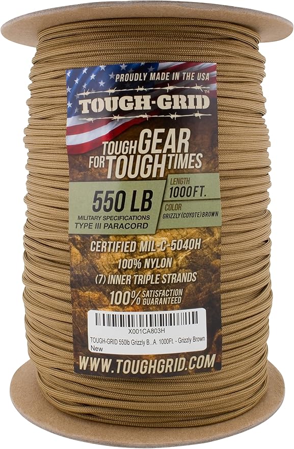 TOUGH-GRID Premium Grizzly Brown Paracord 550 lbs Made in USA Outdoor Survival Nylon Rope Tactical Heavy Duty Strands Parachute Cord Used by US Military Type III Mil-Spec