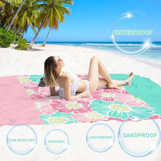 BYDOLL Beach Blanket Waterproof Sandproof 78''×81'' Suits1-4 Adults Compact Lightweight Oversized Sand-Free Blanket Large Picnic Mat for Beach Travel Camping Hiking