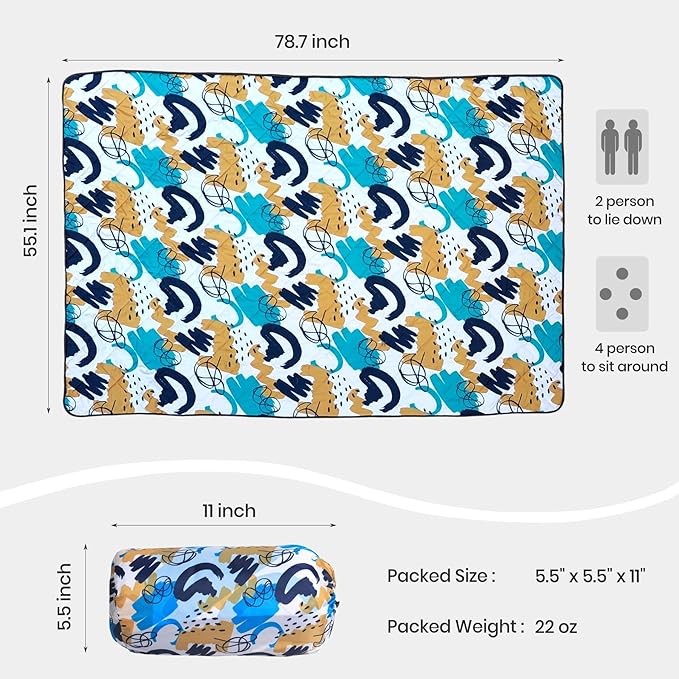 Waterproof Outdoor Blanket, 78.7x55inch, Printed Large Picnic Blankets, Foldable Picnic Mat, Camping Blanket for Picnic, Grass, Park, Lawn, Beach - Blue Painting