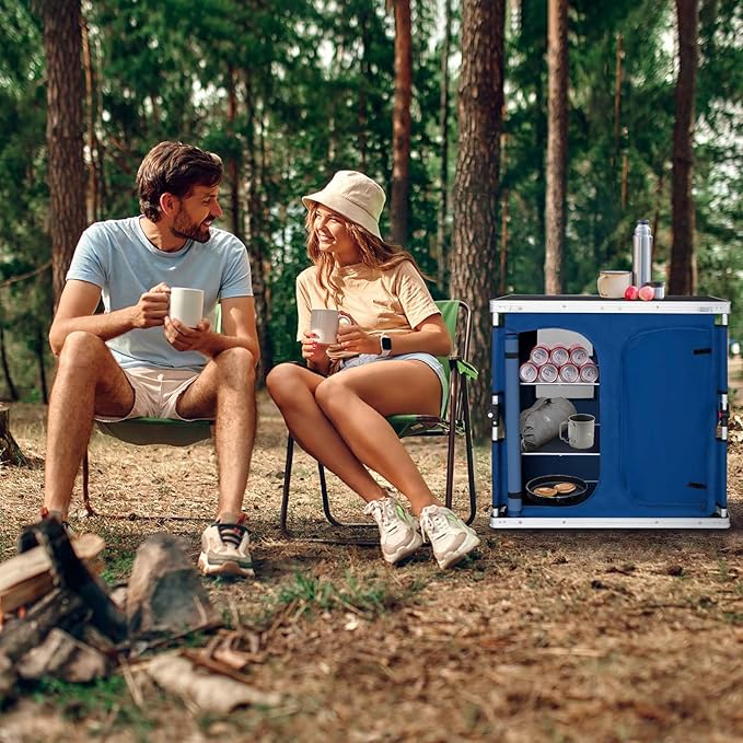 EAGLE PEAK Double Outdoor Folding Camping Table with Large 3-Tier Storage Organizer and Side Pockets, Easy Set Up Portable Aluminum Camping Kitchen, Blue